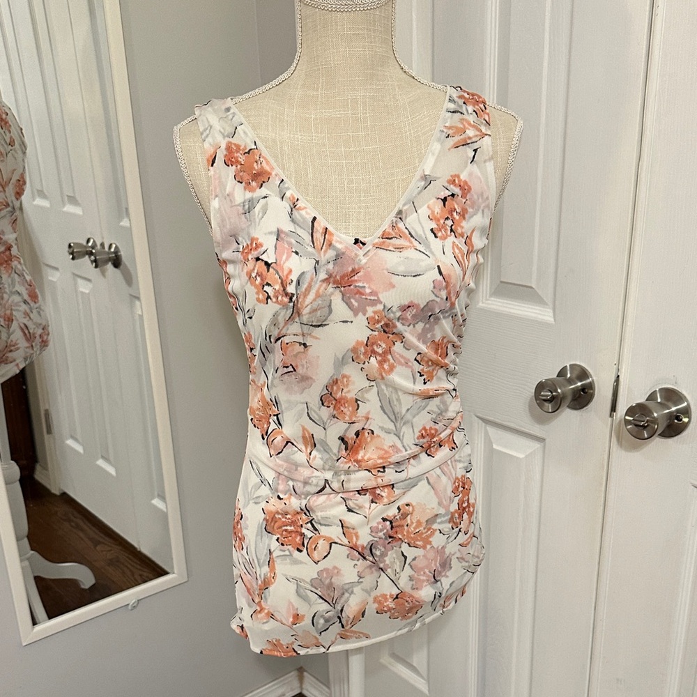 White House Black Market Floral Tank Top - Cream and Orange